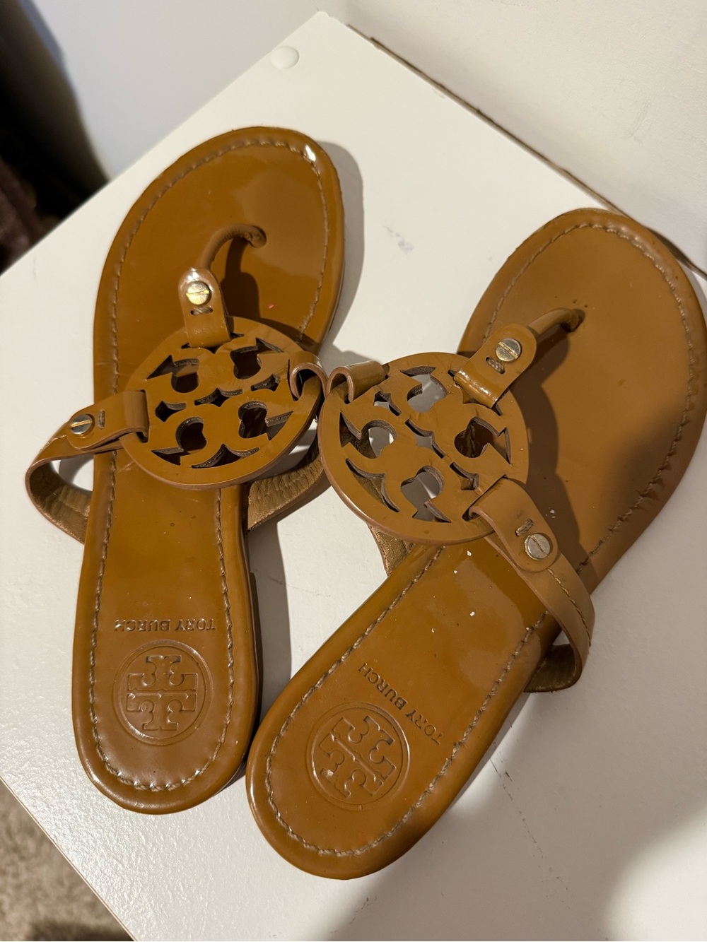 Tory Burch Cognac Miller Logo Thong Sandals
